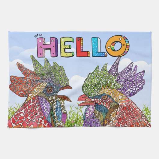 Linge De Cuisine Aquarelle Funny Agritourisme poulet Hello Cuisine (Horizontal)