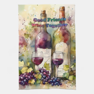 Linge De Cuisine Aquarelle Good Friends Wine Together