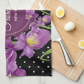 Linge De Cuisine Aquarelle Iris Violet Points noirs et blancs (Quart Plié)