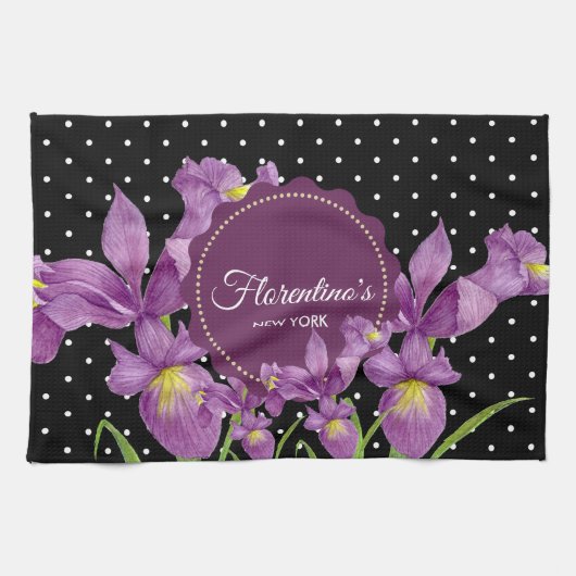 Linge De Cuisine Aquarelle Iris Violet Points noirs et blancs (Horizontal)
