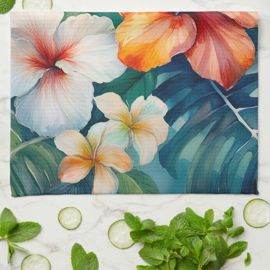 Linge De Cuisine Aquarelle Jardin hawaïen Hibiscus tropical (Plié)