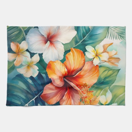 Linge De Cuisine Aquarelle Jardin hawaïen Hibiscus tropical (Horizontal)