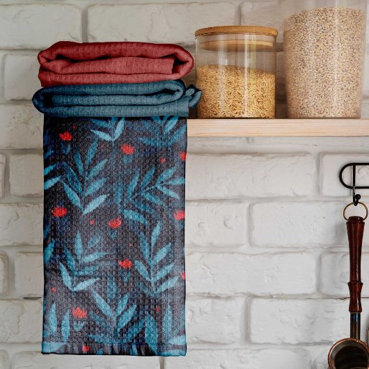 Linge De Cuisine Aquarelle jardin nocturne - turquoise, bleu et rou