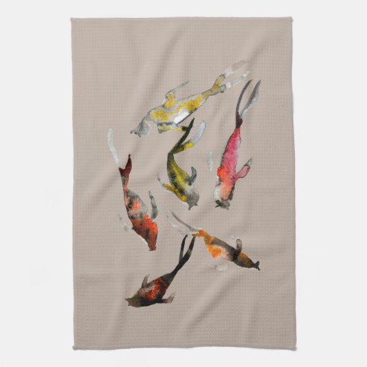 Linge De Cuisine Aquarelle koi poisson rouge brun or (Vertical)