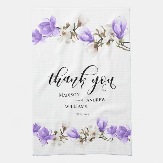 Linge De Cuisine Aquarelle Magnolia Blossom Calligraphie Merci (Vertical)