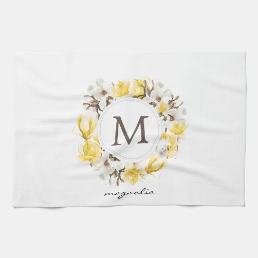 Linge De Cuisine Aquarelle Magnolia jaune Monogramme de couronne (Horizontal)
