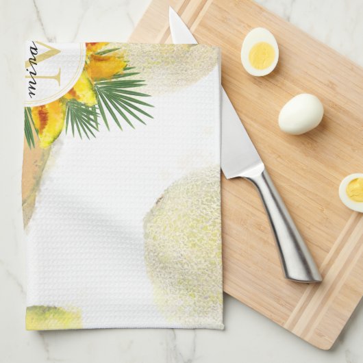 Linge De Cuisine Aquarelle Melon Feuille Tropical Wreath Monogramme (Quart Plié)