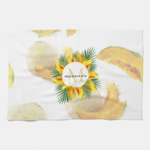 Linge De Cuisine Aquarelle Melon Tropical Feuilles Wreath Monogramm