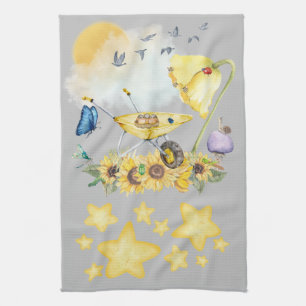 Linge De Cuisine Aquarelle mignonne Cottagecore Jaune sur gris  