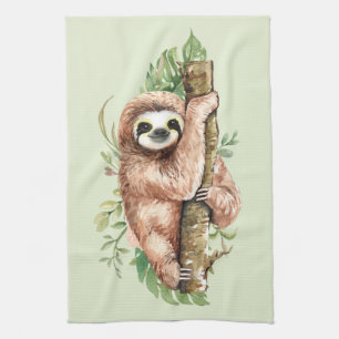 Linge De Cuisine Aquarelle mignonne Sloth & Feuilles tropicaux
