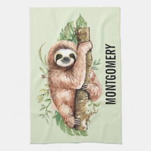 Linge De Cuisine Aquarelle mignonne Sloth & Feuilles tropicaux