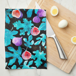 Linge De Cuisine Aquarelle moderne Figues Fruit sur noir