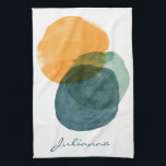 Linge De Cuisine Aquarelle moderne personnalisée Cercle Abstrait<br><div class="desc">Cette serviette de cuisine personnalisée comporte des cercles d'aquarelle superposés en orange tendre, vert sauge et bleu marine, avec un nom de script personnalisé le long du fond. Parfait pour la décoration de cuisine, les cadeaux d'hôtesses ou l'usage quotidien, ce design ajoute une touche moderne et artistique à tout espace...</div>