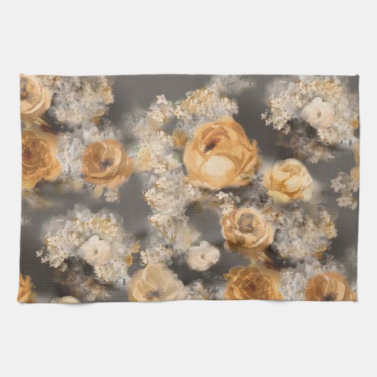 Linge De Cuisine aquarelle monochrome fleurs dorées sur (Horizontal)