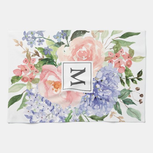 Linge De Cuisine Aquarelle monogramme bleu rose printemps floral (Horizontal)