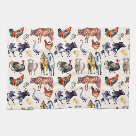 Linge De Cuisine Aquarelle motif des animaux de ferme (Horizontal)