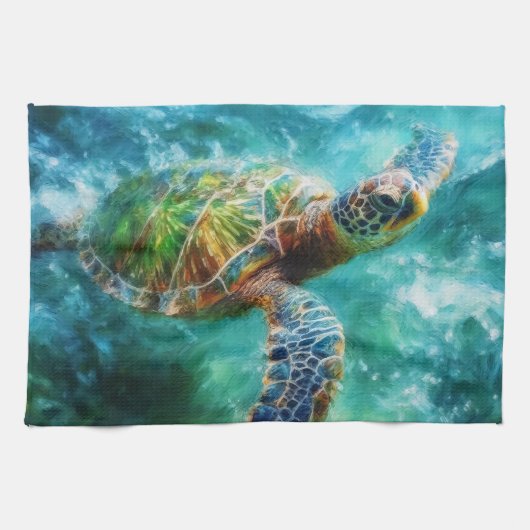 Linge De Cuisine Aquarelle Natation Tortue de mer (Horizontal)