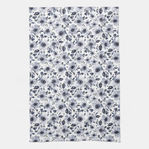 Linge De Cuisine Aquarelle noir et blanc Anémones Floral-Blanc