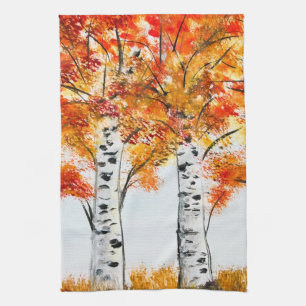 Linge De Cuisine Aquarelle Oiseaux Arbres Automne Orange Feuille