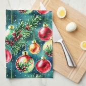 Linge De Cuisine Aquarelle ornements de Noël, rouge et vert Turquoi (Quart Plié)