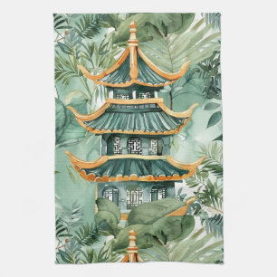 Linge De Cuisine Aquarelle Pagode asiatique dans paysage verdoyant 