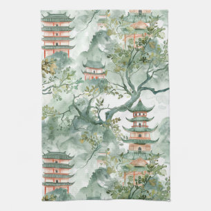 Linge De Cuisine Aquarelle Pagode asiatique dans paysage verdoyant 