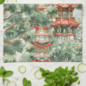 Linge De Cuisine Aquarelle Pagode asiatique dans paysage verdoyant  (Plié)