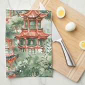 Linge De Cuisine Aquarelle Pagode asiatique dans paysage verdoyant  (Quart Plié)