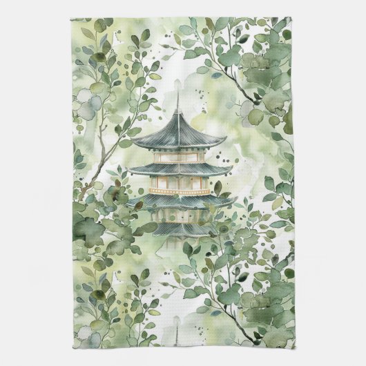 Linge De Cuisine Aquarelle Pagode asiatique dans paysage verdoyant  (Vertical)