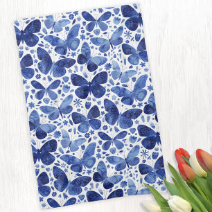 Linge De Cuisine Aquarelle papillon bleu et blanc