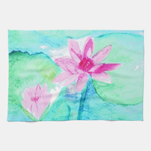 Linge De Cuisine Aquarelle Pastel Rose Lotus Fleurs (Horizontal)