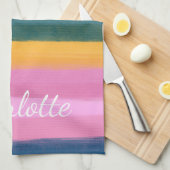 Linge De Cuisine Aquarelle Pinceau rose rayures Personnalisées (Quart Plié)