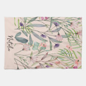 Linge De Cuisine Aquarelle romantique feuillage monogrammée rose (Horizontal)