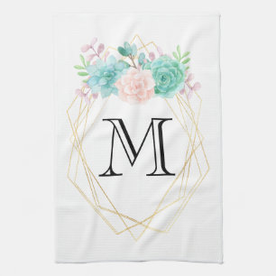 Linge De Cuisine Aquarelle rose et vert moderne Succulents Monogram