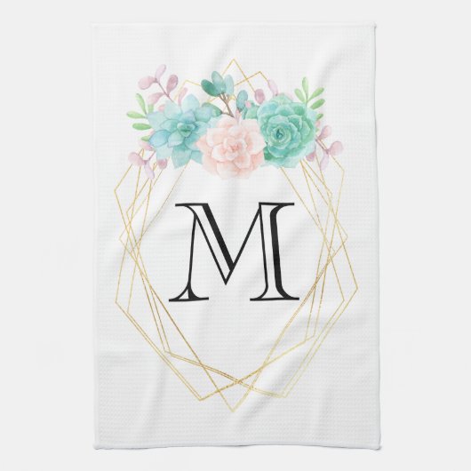 Linge De Cuisine Aquarelle rose et vert moderne Succulents Monogram (Vertical)