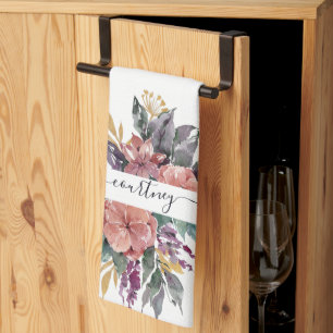 Linge De Cuisine Aquarelle rose et violet florale personnalisée
