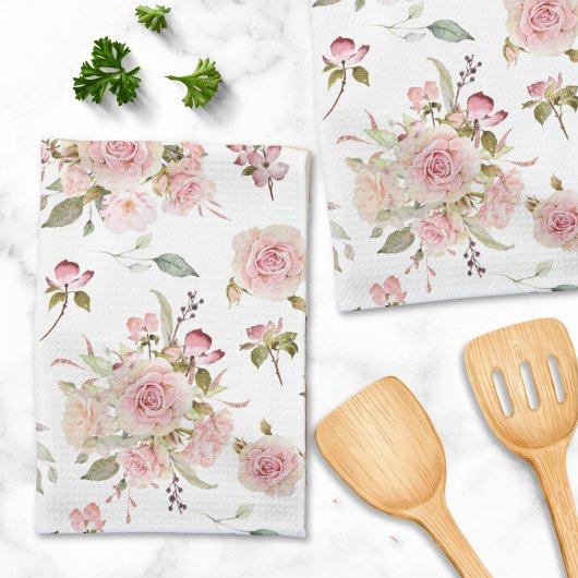 Linge De Cuisine Aquarelle Rose Fleurs Motif Floral