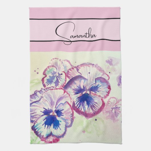 Linge De Cuisine Aquarelle rose Pansy Pansies florale Fleur Blush (Vertical)