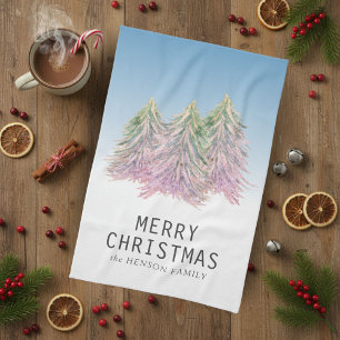 Linge De Cuisine Aquarelle rose vert Arbre de Noël Artiste