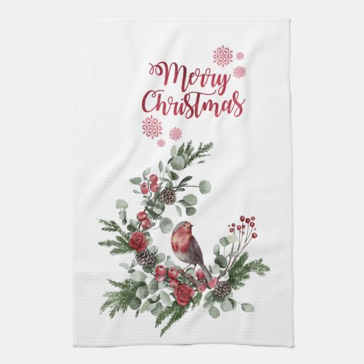 Linge De Cuisine Aquarelle Rouge Cardinal Bird Wreath (Vertical)