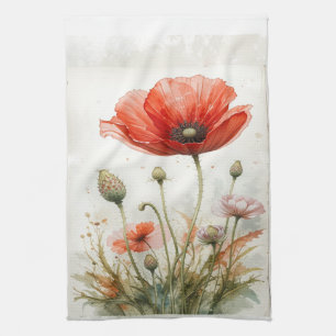 Linge De Cuisine Aquarelle Rouge Jardin Fleur Poppy Floral