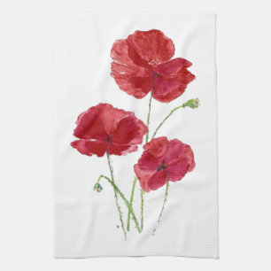 Linge De Cuisine Aquarelle Rouge Pavot Jardin Fleur Art Floral