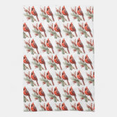 Linge De Cuisine Aquarelle rustique Hiver Cardinal Holly Branche (Vertical)