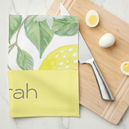 Linge De Cuisine Aquarelle simple Citron Feuille Jaune Monogramme (Quart Plié)