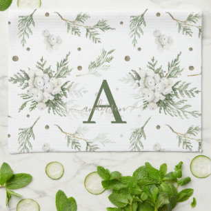 Linge De Cuisine Aquarelle Snowberry White Cèdre Branche Noël