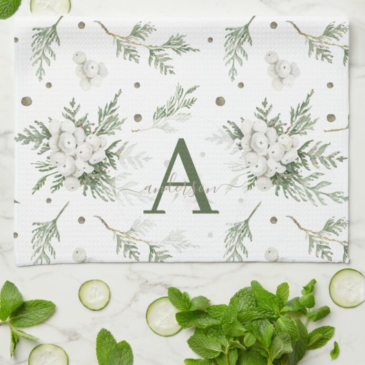 Linge De Cuisine Aquarelle Snowberry White Cèdre Branche Noël (Plié)