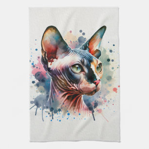 Linge De Cuisine Aquarelle Sphynx Chat Portrait Artistique