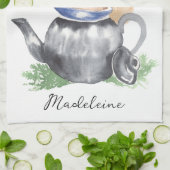Linge De Cuisine Aquarelle Teapot & Teapot Nom du script (Plié)