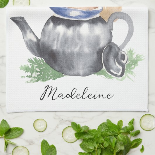 Linge De Cuisine Aquarelle Teapot & Teapot Nom du script (Plié)