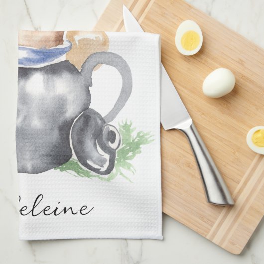 Linge De Cuisine Aquarelle Teapot & Teapot Nom du script (Quart Plié)